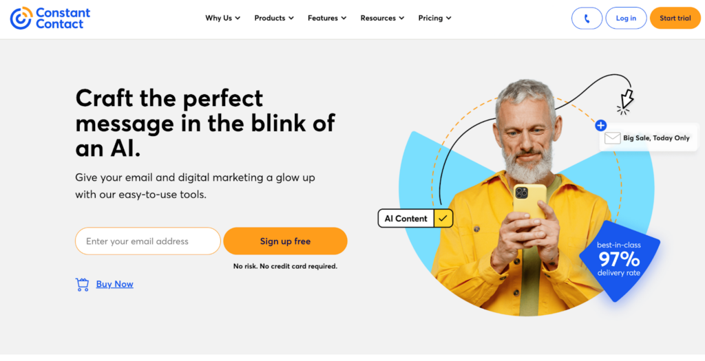 Home page di Constant Contact, software di gestione e marketing via e-mail