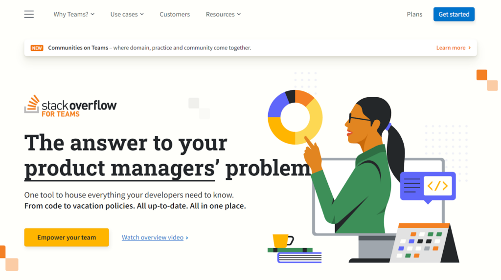 Homepage di Stack Overflow per il software Teams, ideale per i sistemi di base di conoscenza