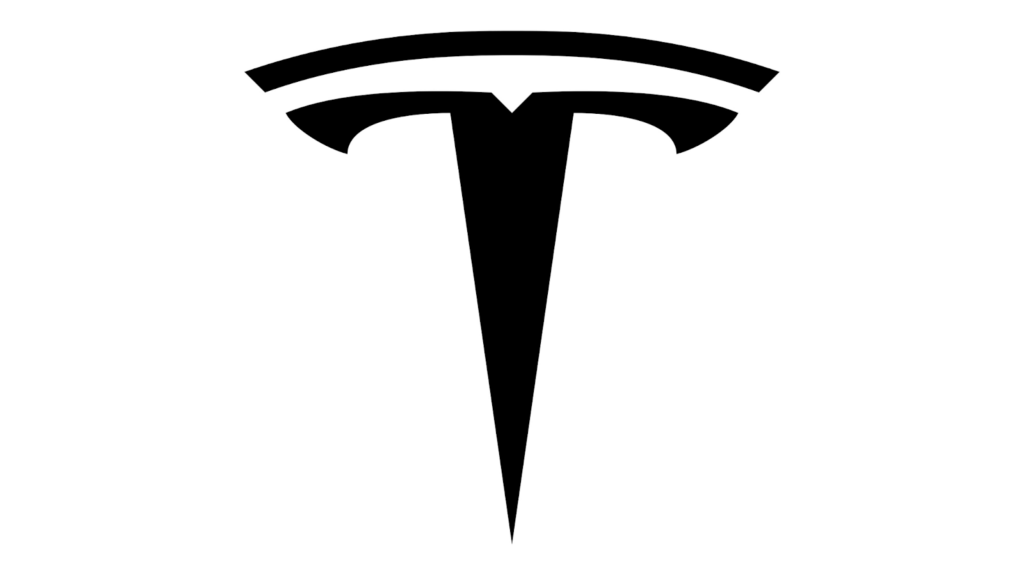 Il logo di Tesla, una "T" stilizzata nera su sfondo bianco