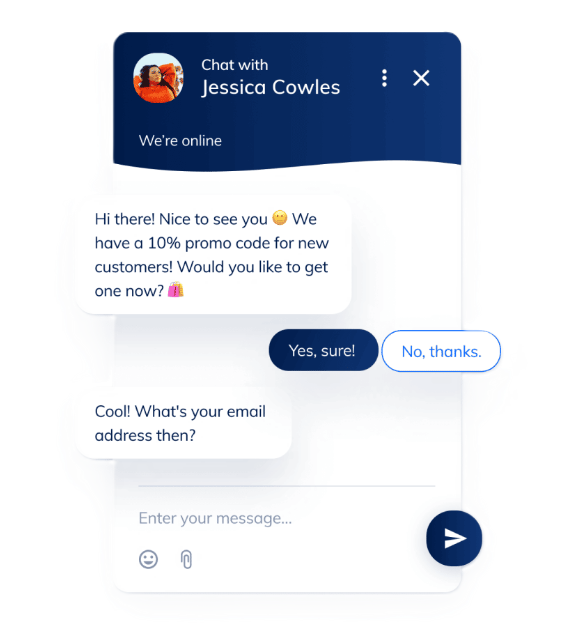 Interfaccia di live chat che offre un codice promozionale e richiede l'e-mail dell'utente.