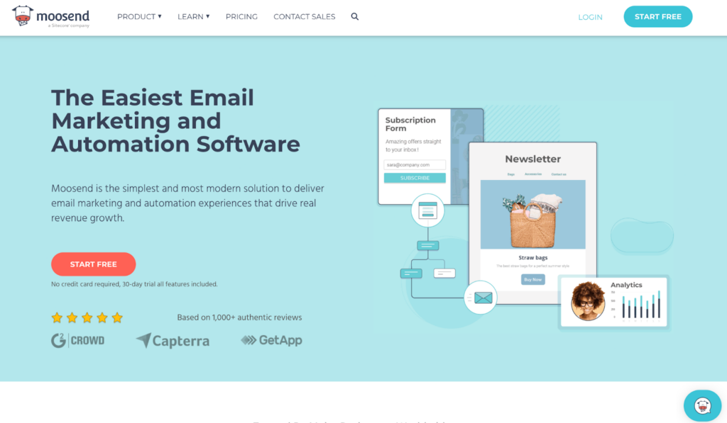 Home page di Moosend, software di gestione e marketing via e-mail 