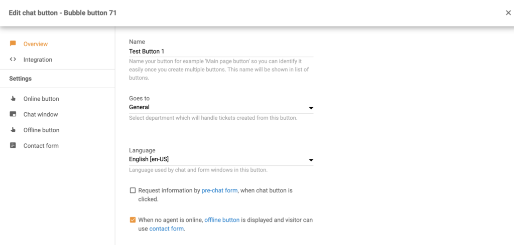 Configurazione del pulsante della chat come parte dell'integrazione di Volusion