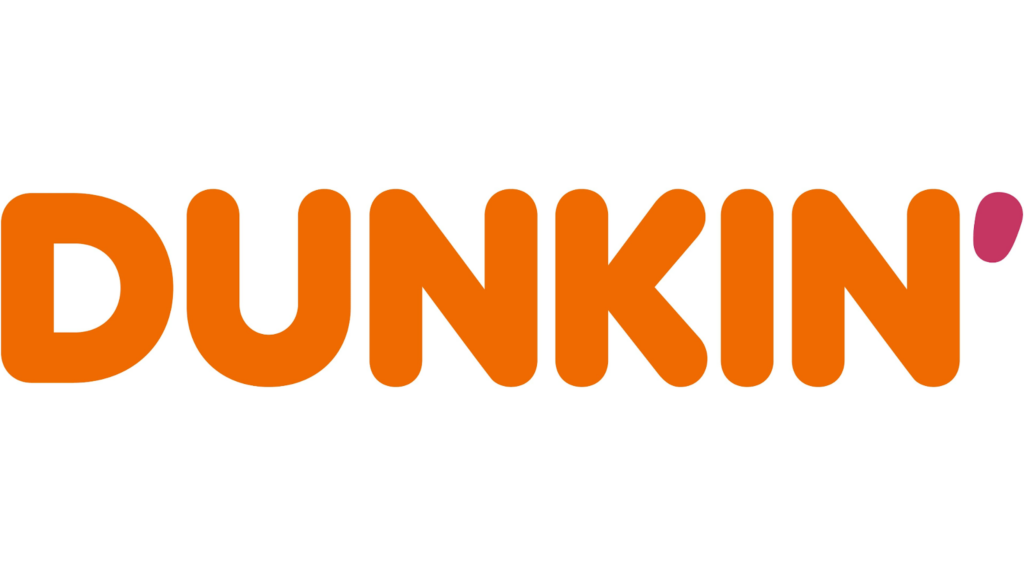 Logo di Dunkin', funzionalità della parola "DUNKIN" in grassetto arancione con un apostrofo rosa alla fine