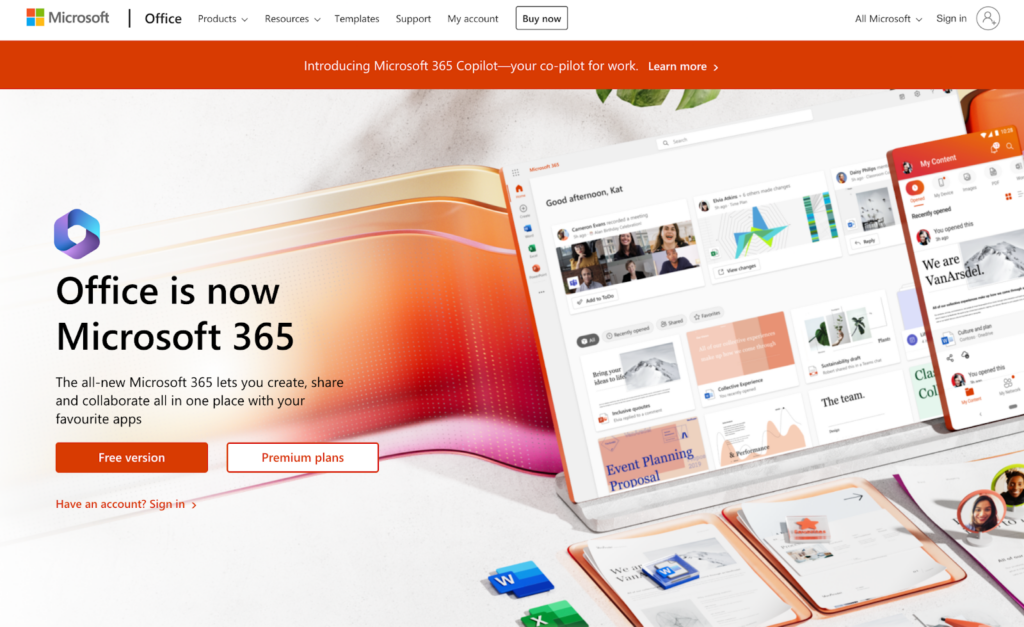 Home page di Microsoft 365, software di gestione della posta elettronica per le aziende