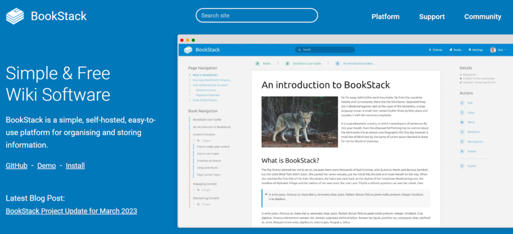 Il software BookStack mostra una homepage chiara e accattivante