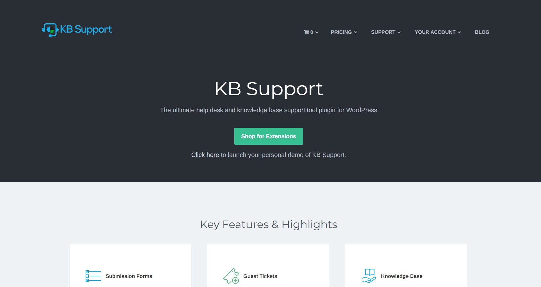 Homepage del software di ticketing di supporto Kb