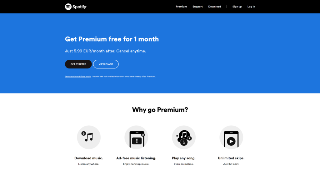 landing page di Spotify