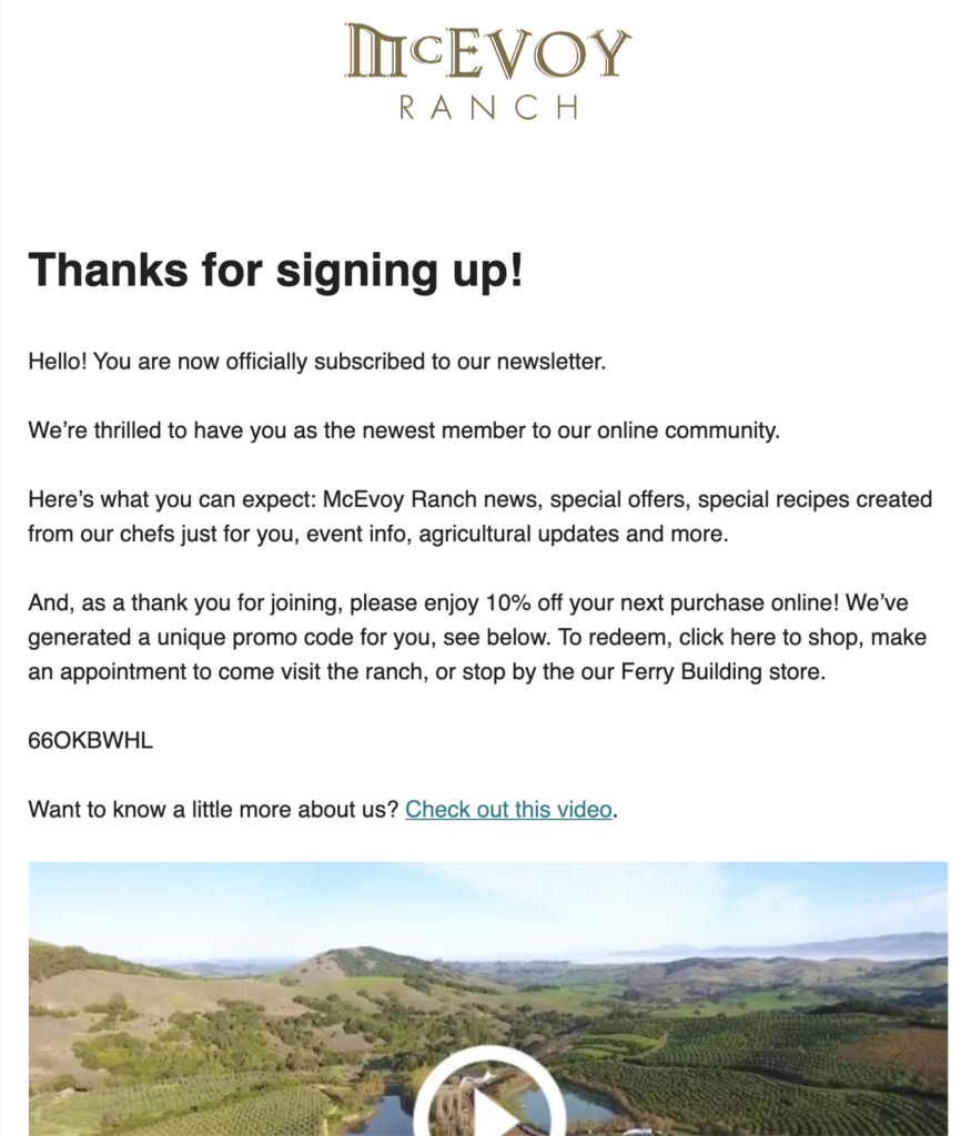 Email di iscrizione alla newsletter del ranch McEvoy