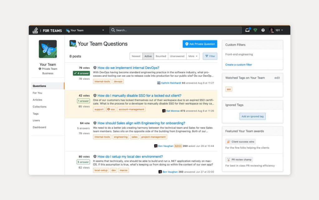 Snapshot di un esempio di strumento di base di conoscenza da Stack Overflow per Teams