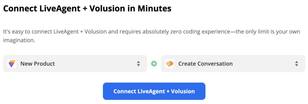 Volusion attiva un nuovo prodotto e l'azione LiveAgent crea una conversazione selezionata in Zapier