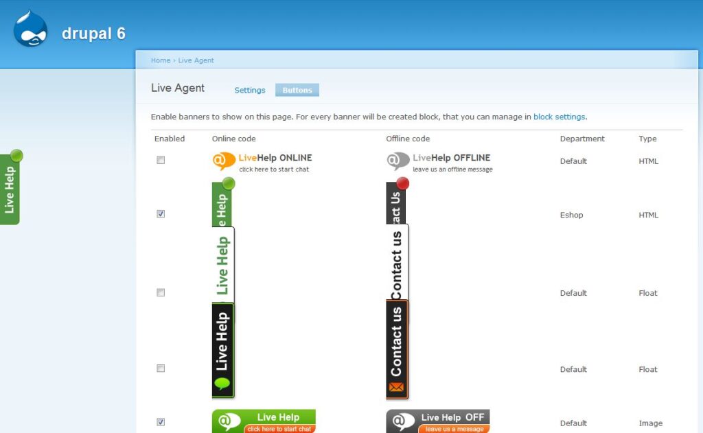Modelli di pulsanti di chat live LiveAgent mostrati in Drupal