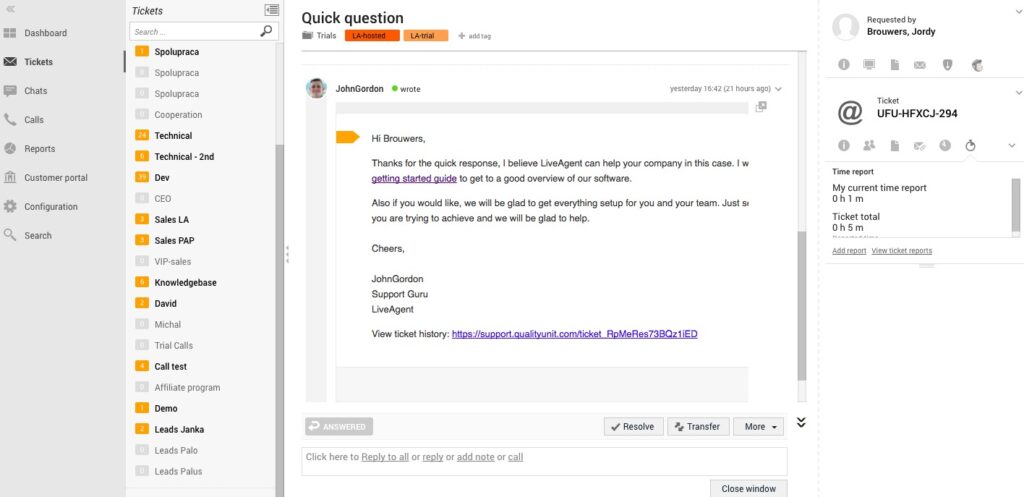 Esempio di conversazione di ticket LiveAgent