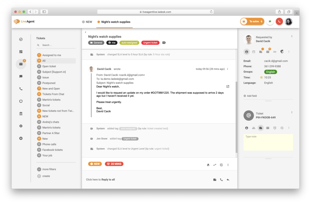 software di supporto gratuito - LiveAgent - esempio di ticketing