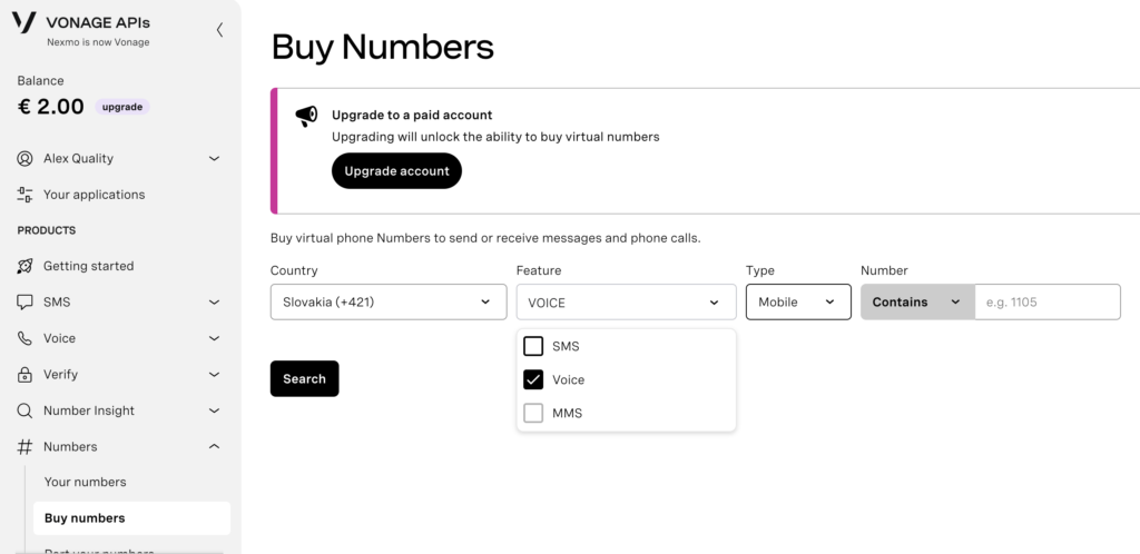 Sezione numero di acquisto nella dashboard Vonage