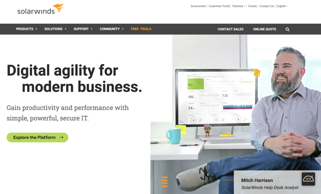 Homepage del sistema di ticketing di supporto SolarWinds