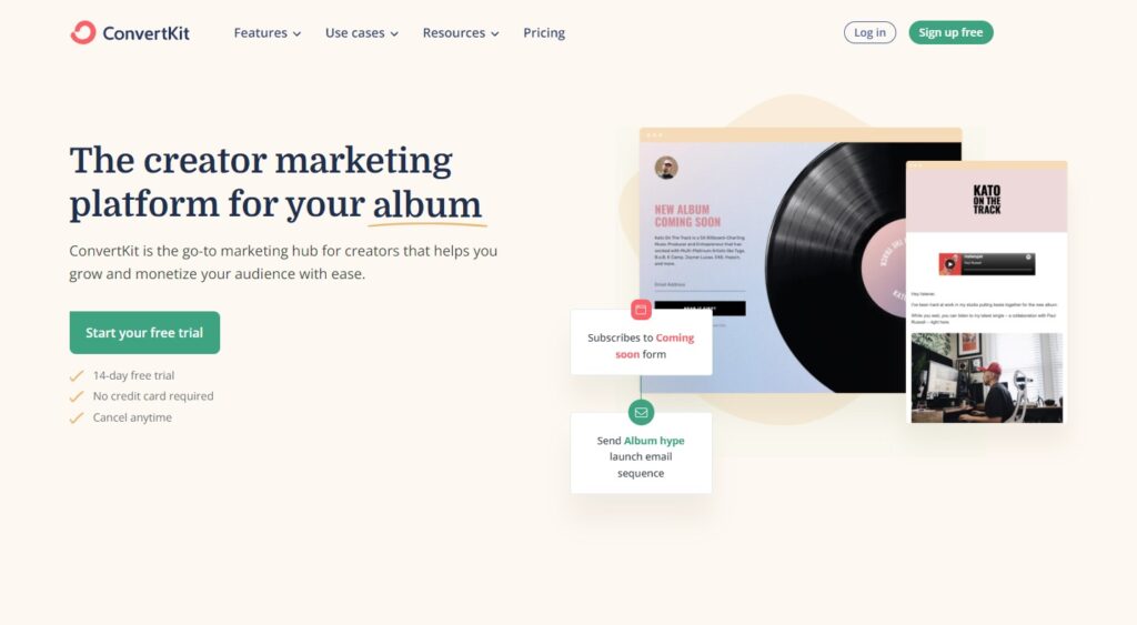 Home page di ConvertKit, software di gestione delle e-mail per i creators