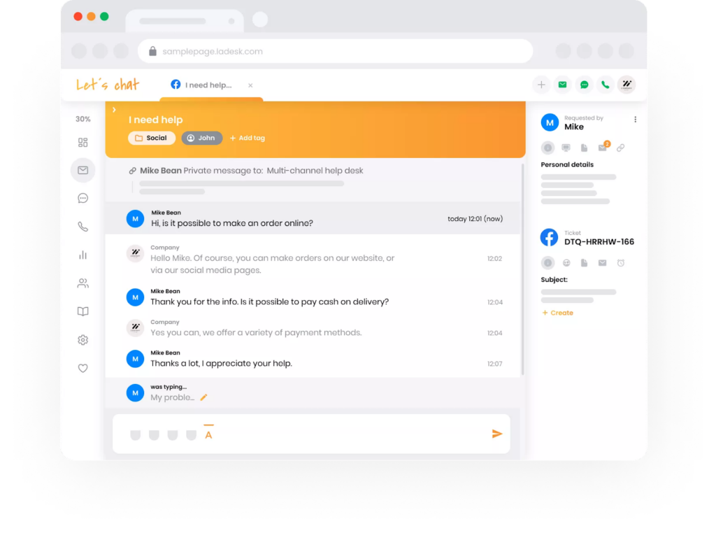 L'interfaccia di chat dell'assistenza clienti di LiveAgent con una finestra di conversazione e il profilo dell'utente