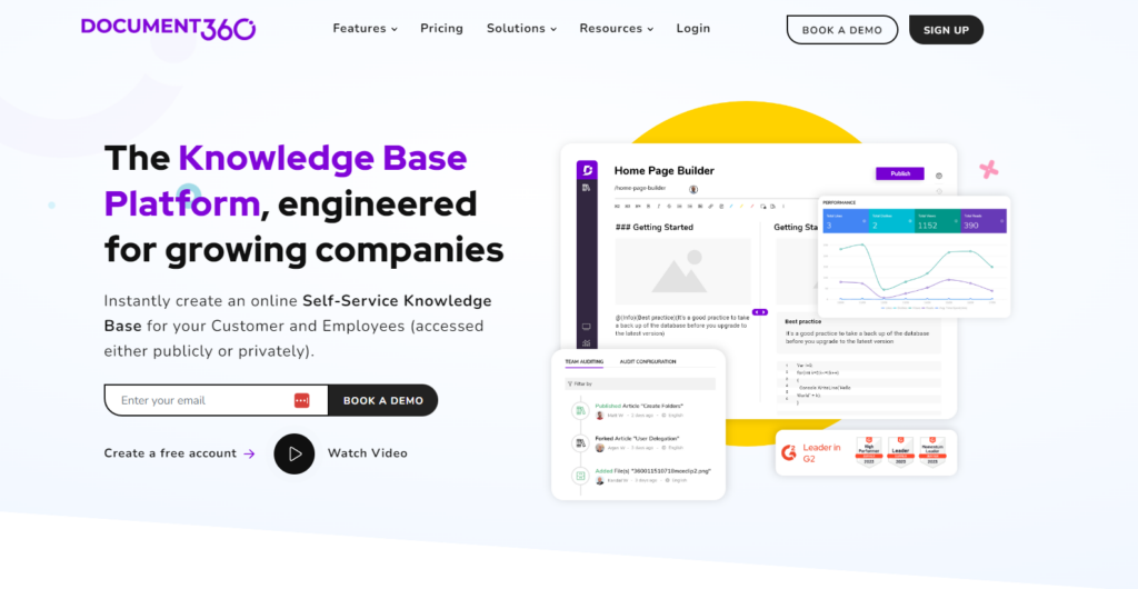 Snapshot della homepage di Document360 con particolare attenzione alle caratteristiche principali