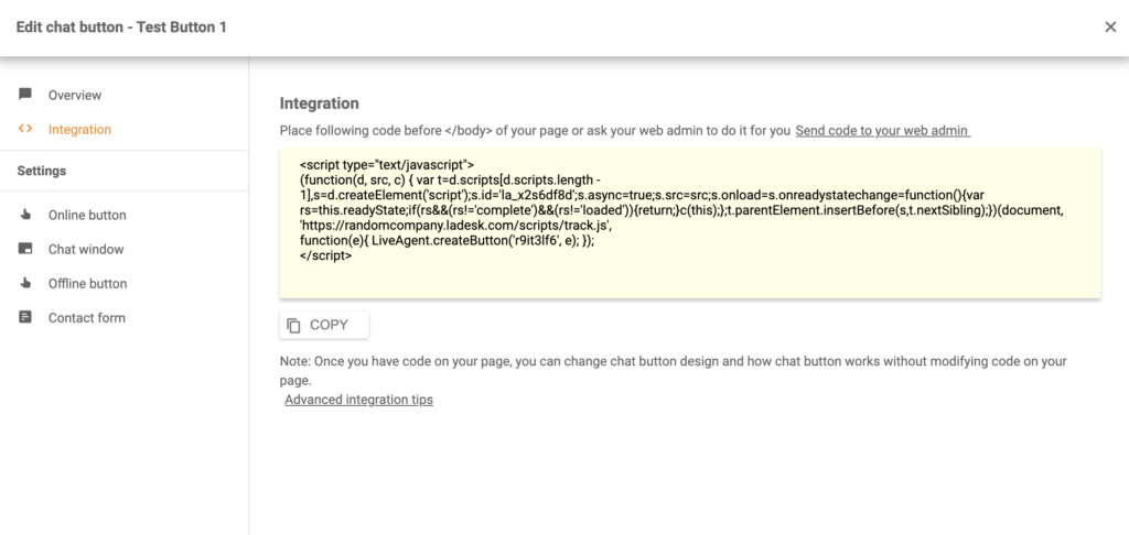 Un codice per il pulsante della chat generato in LiveAgent