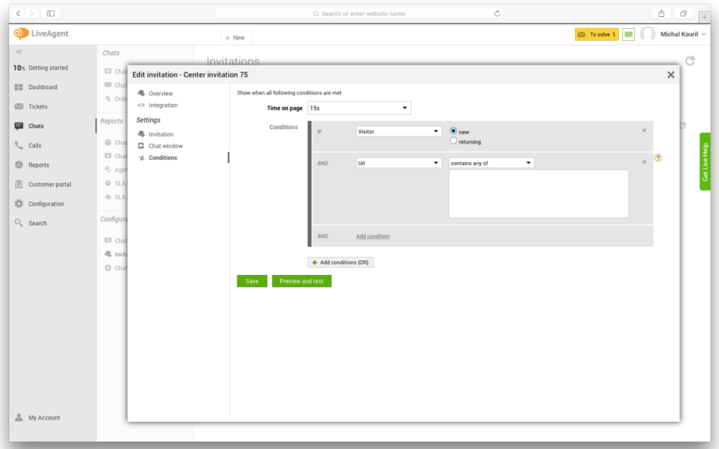 Impostazioni di LiveAgent che mostrano come impostare i trigger proattivi della chat