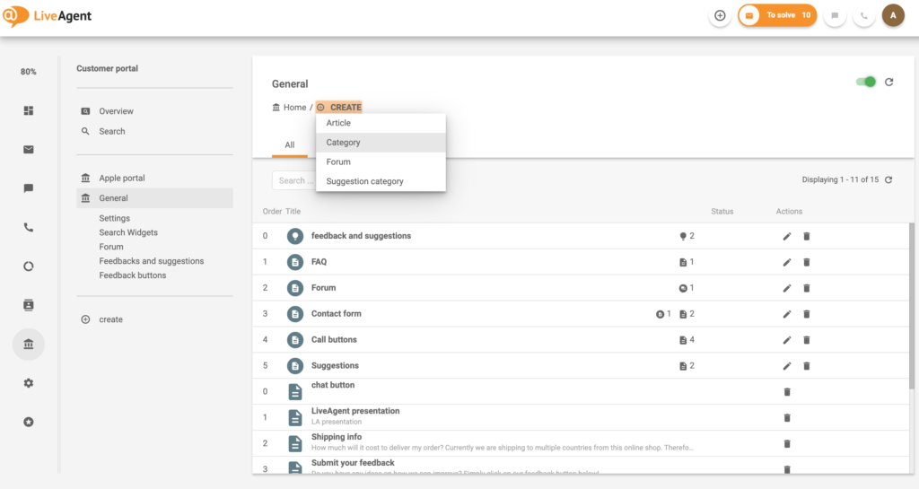 Esempio di creazione di una categoria per il portale clienti nel sistema di base di conoscenza LiveAgent