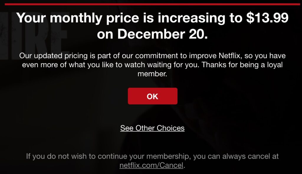 modello di email per l'aumento del prezzo di netflix