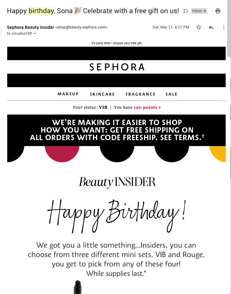 Modello email premio fedeltà Sephora