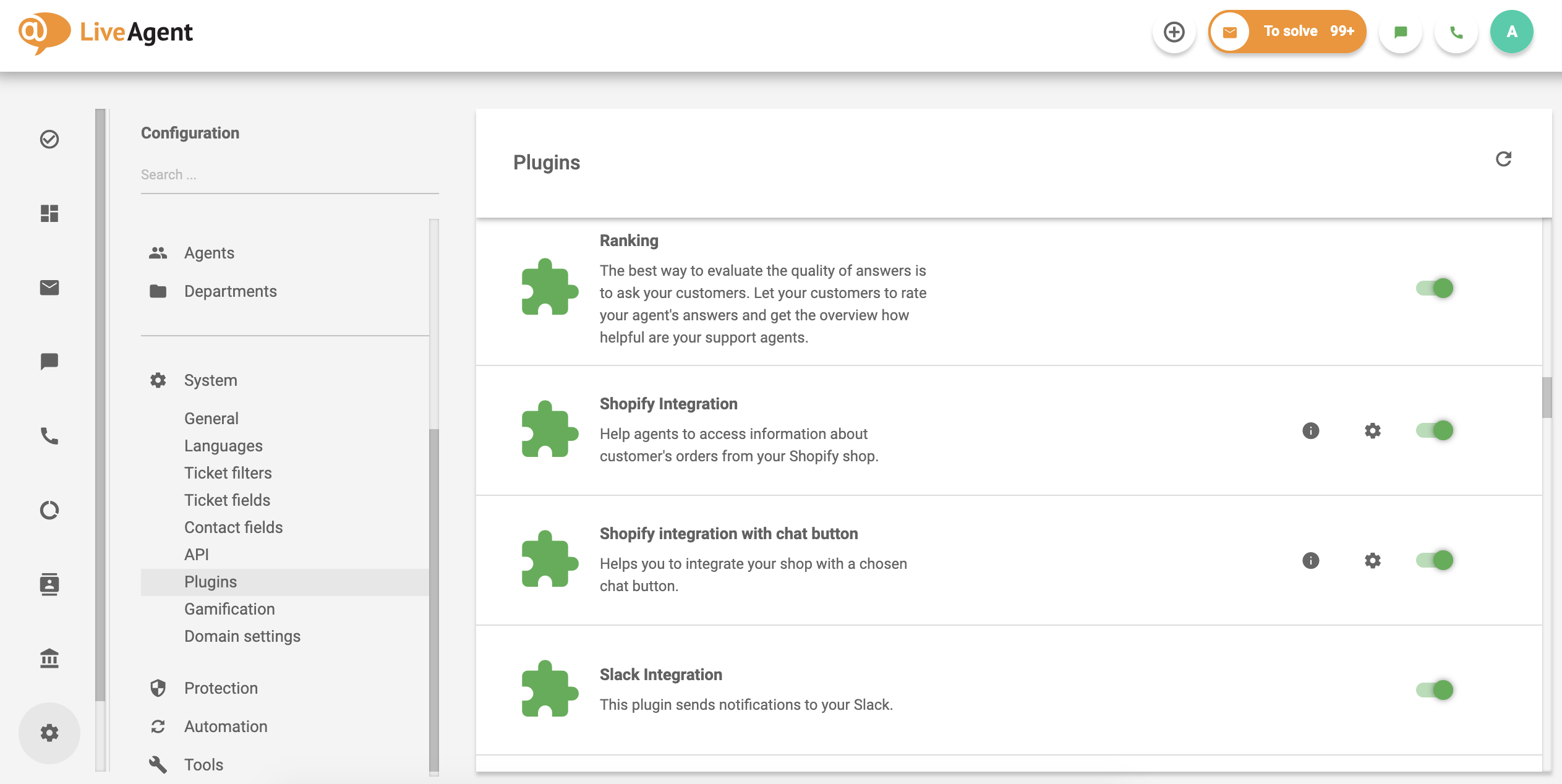 Elenco di plugin nel software di assistenza clienti LiveAgent