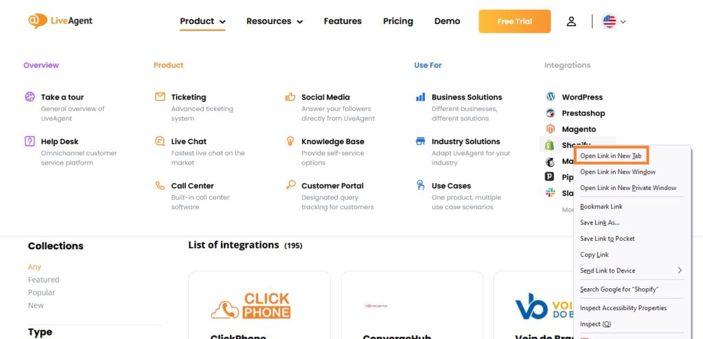 New tab example on LiveAgent’s page