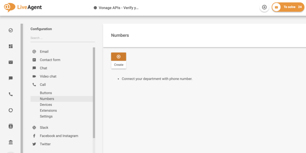 Configurazione del numero con il pulsante di creazione in LiveAgent