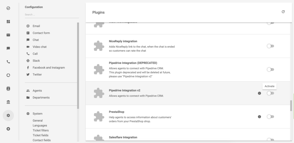 Integrazione PipeDrive v2 nella sezione dei plugin di LiveAgent