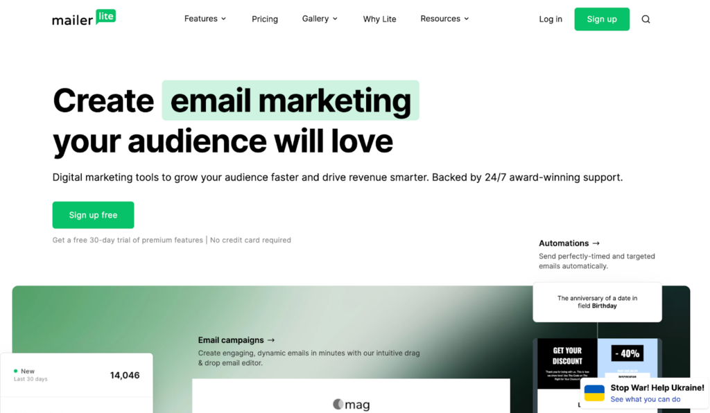 Home page di Mailerlite, un sistema di gestione della posta elettronica facile da usare 