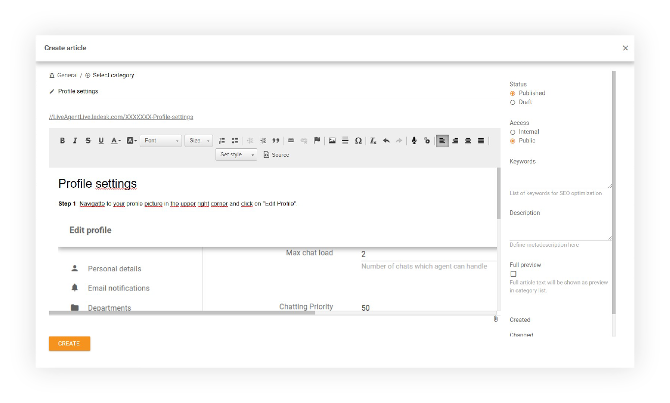 WYSIWYG-editor-for-articles-LiveAgent