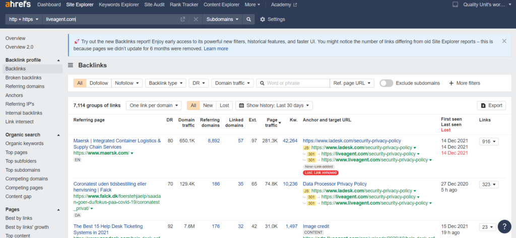 External backlinks Ahrefs example