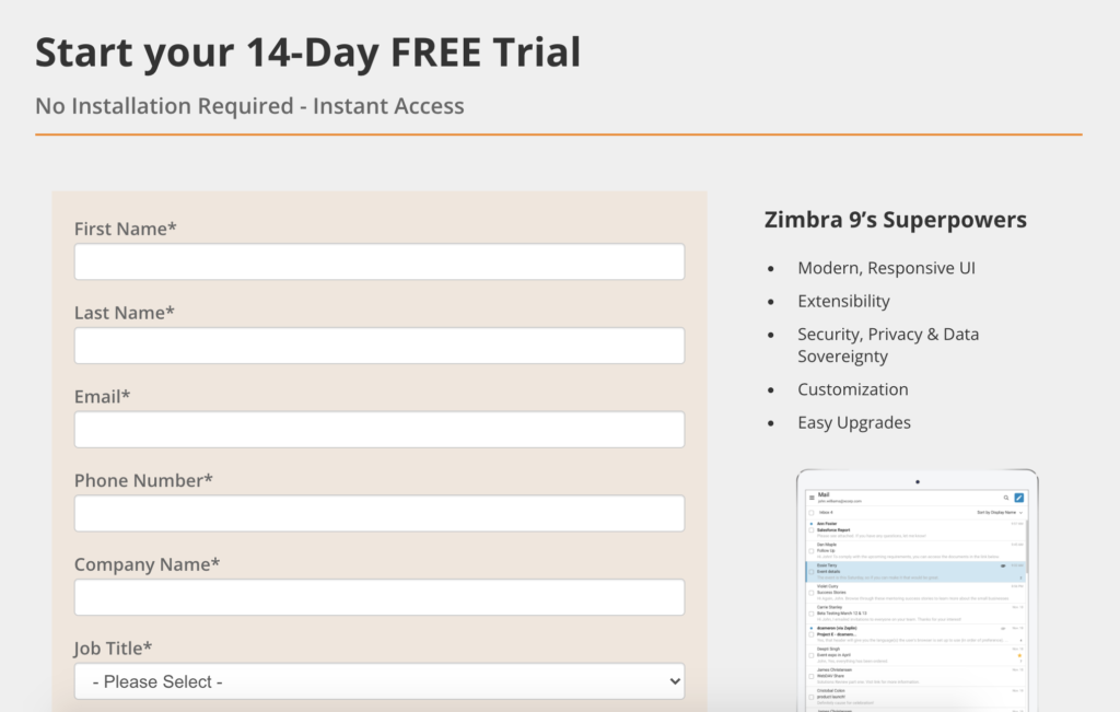 Pagina di prova di Zimbra con un modulo vuoto