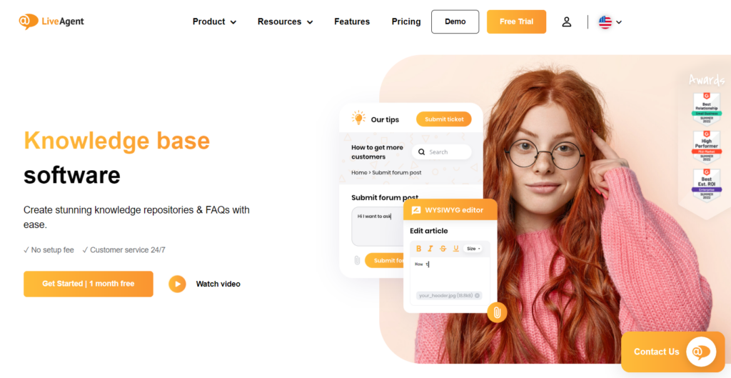 L'accattivante homepage di LiveAgent mette in evidenza il suo strumento di base di conoscenze